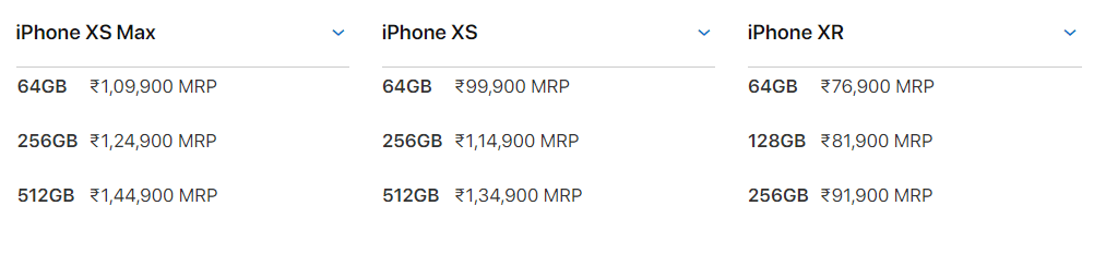 Apple iPhone XR iPhone XS iPhone XS Max Price In India
