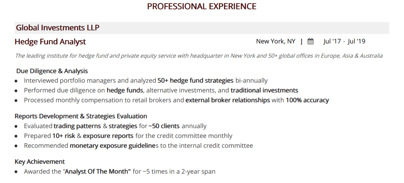 Hedge Fund Resume