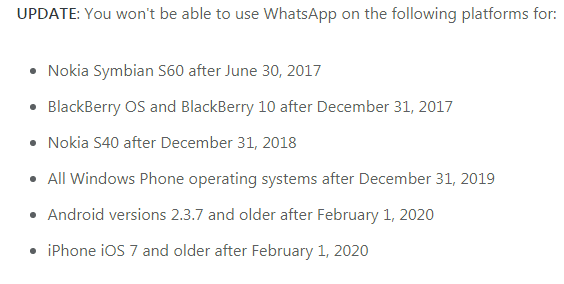 List Of Phones That Will Not Support Whatsapp In 2020