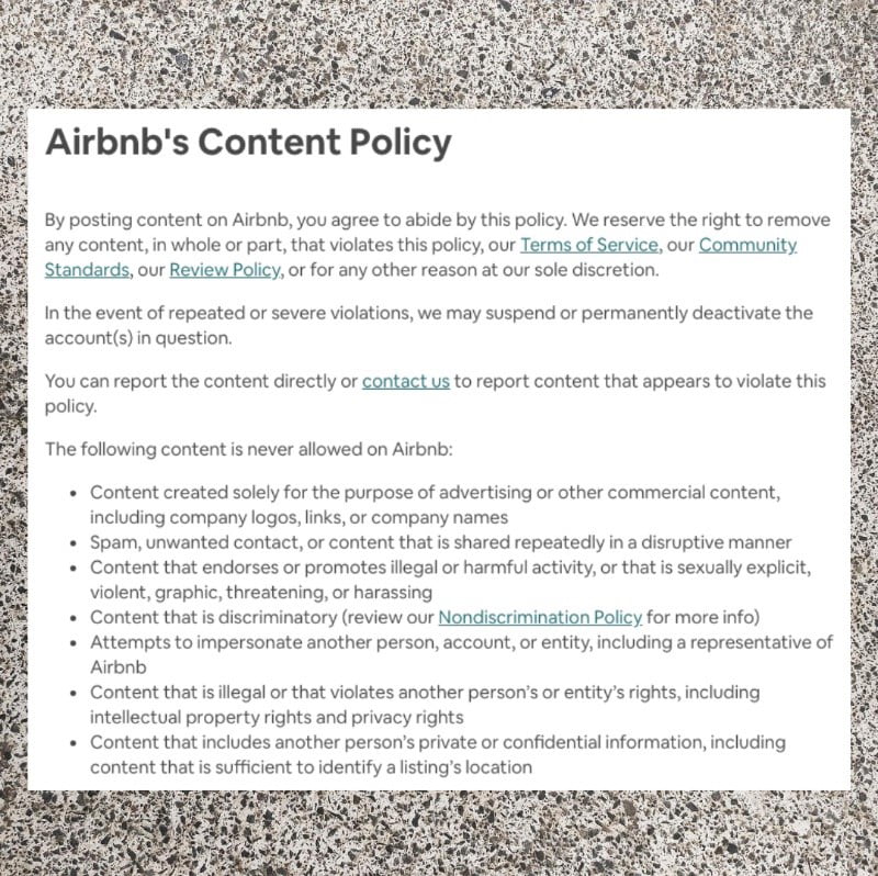Airbnb Content Policy