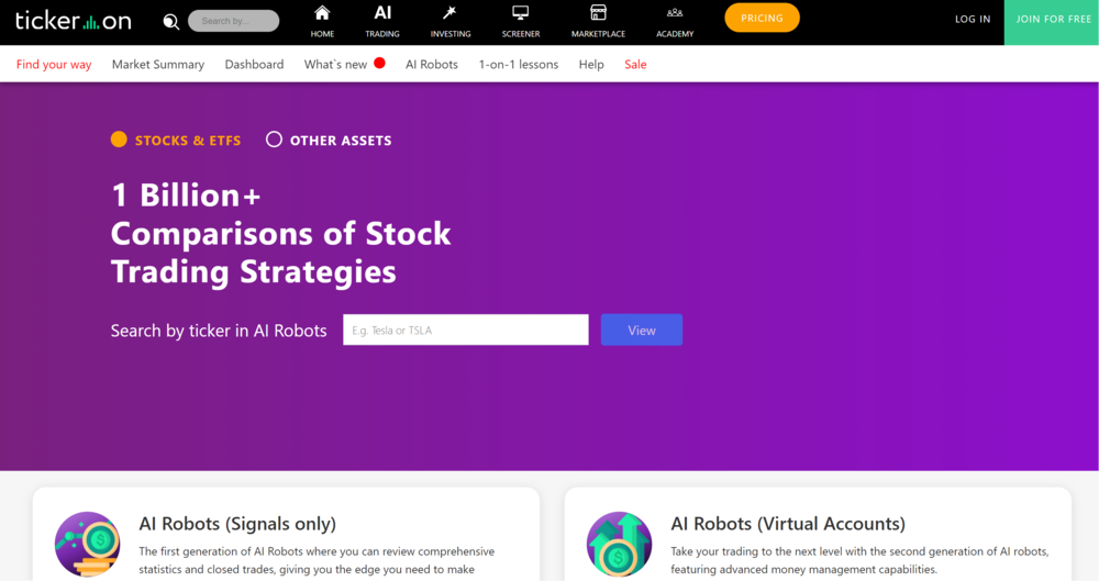 A screenshot of the tickeron homepage
