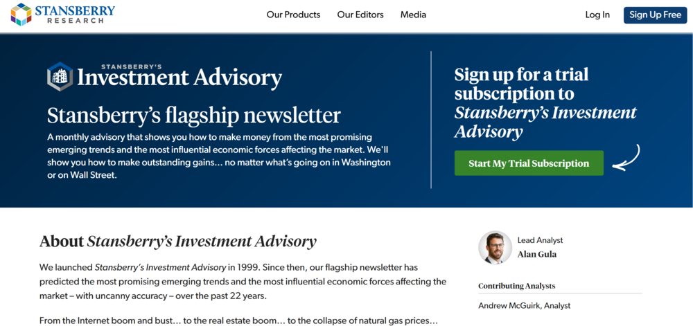Stansberry's Investment Advisory Stock Newsletter Homepage