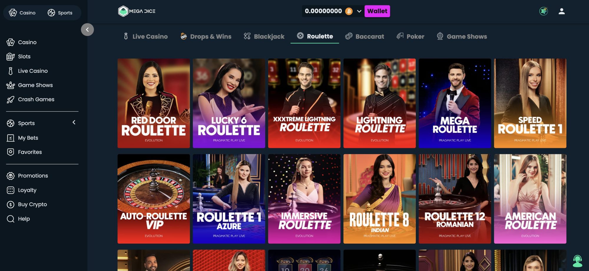 Crypto roulette games at Mega Dice