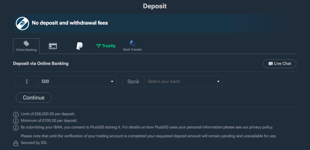 A screenshot of the Plus 500 deposit page