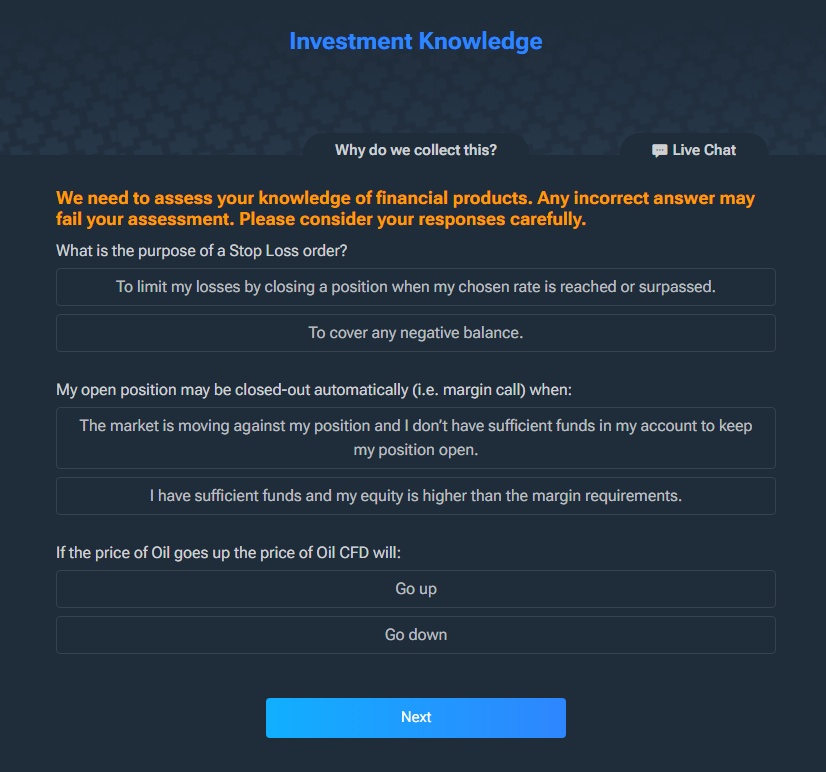 A screenshot of the plus500 key investor information questionnaire 