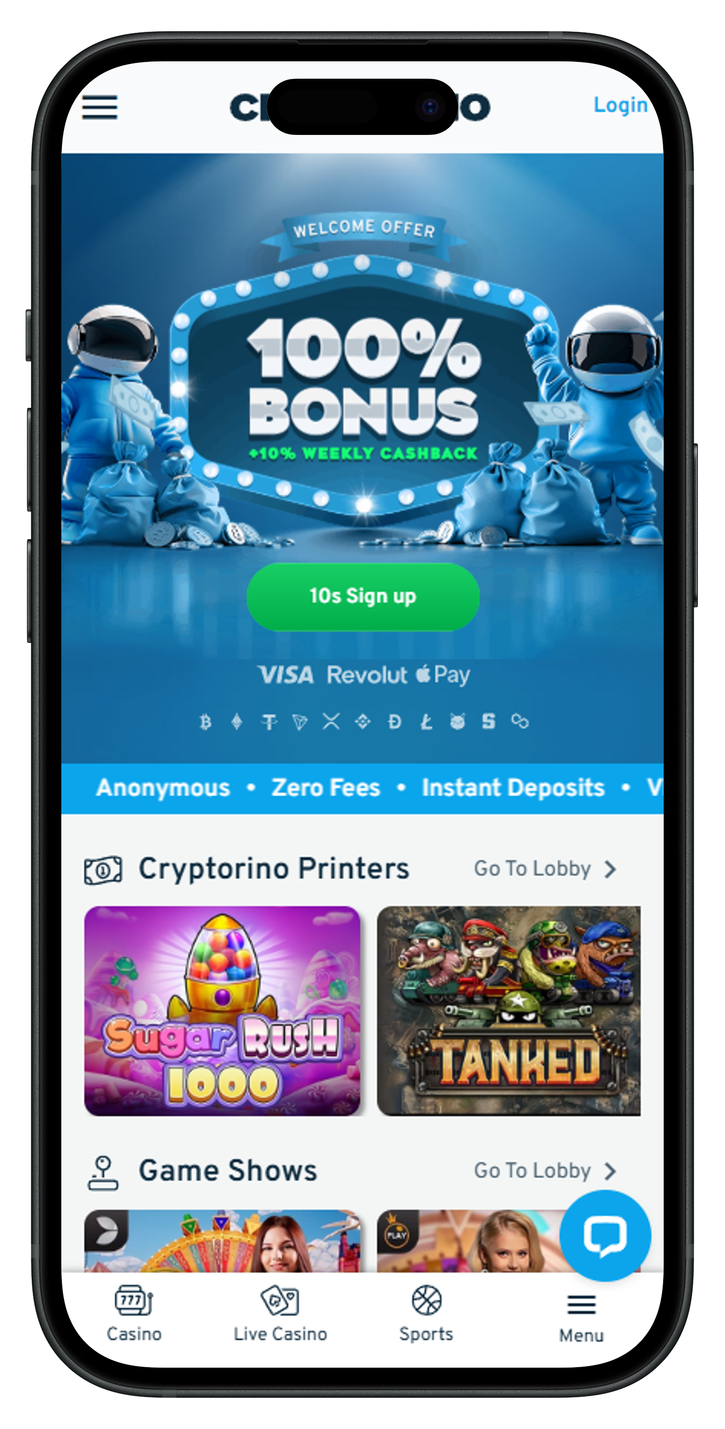 Cryptorino tether casino homepage with bonus offer