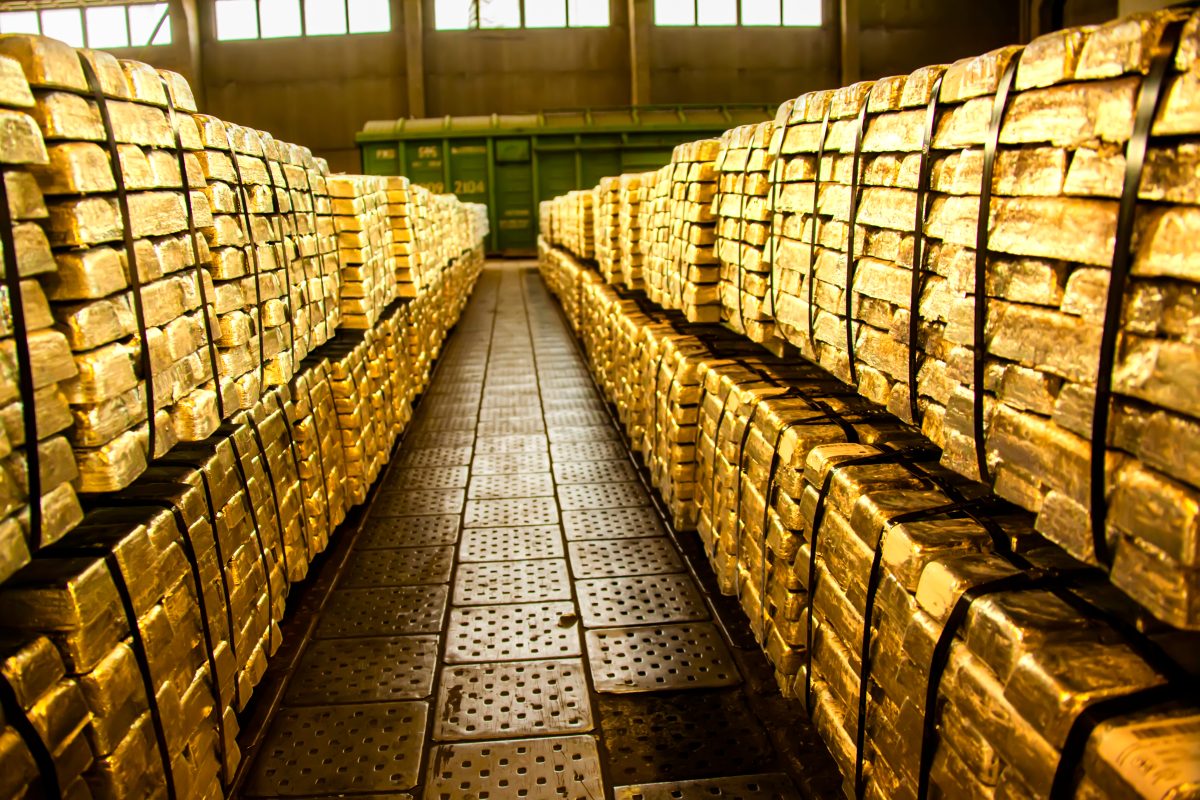 Thousands of gold bars in a storage facility