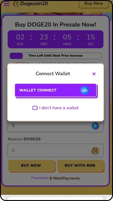 A screenshot of the DOGE20 Wallet Connect stage