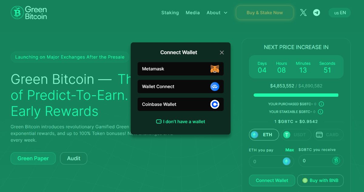 A screenshot of the Metamask connection request on the Green Bitcoin website - a key step in our guide on how to buy Green Bitcoin