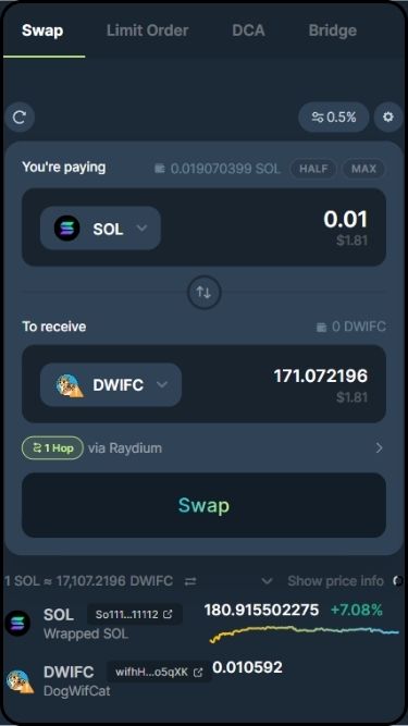 A screenshot of how to buy DogWifCat token swap stage on Jupiter DEX
