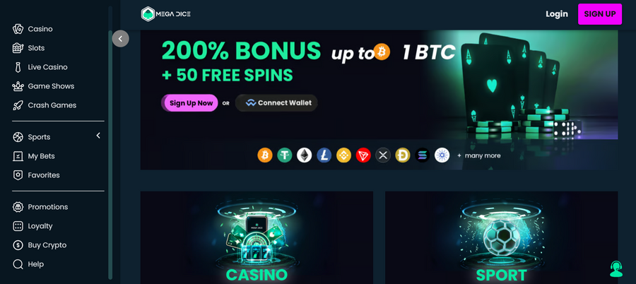 Mega Dice homepage showing the massive welcome bonus and different sections of the site.
