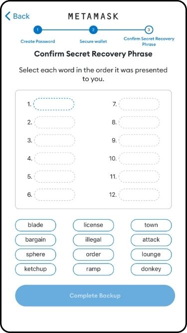 A screenshot of the secure seed phrase test stage on MetaMask iOS
