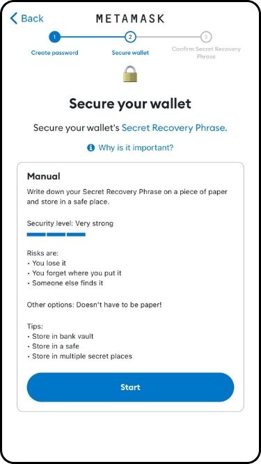A screenshot of the secure seed phrase disclaimer on MetaMask