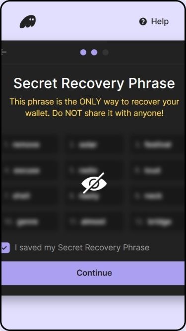 A screenshot of the seed phrase stage on the Phantom wallet extension