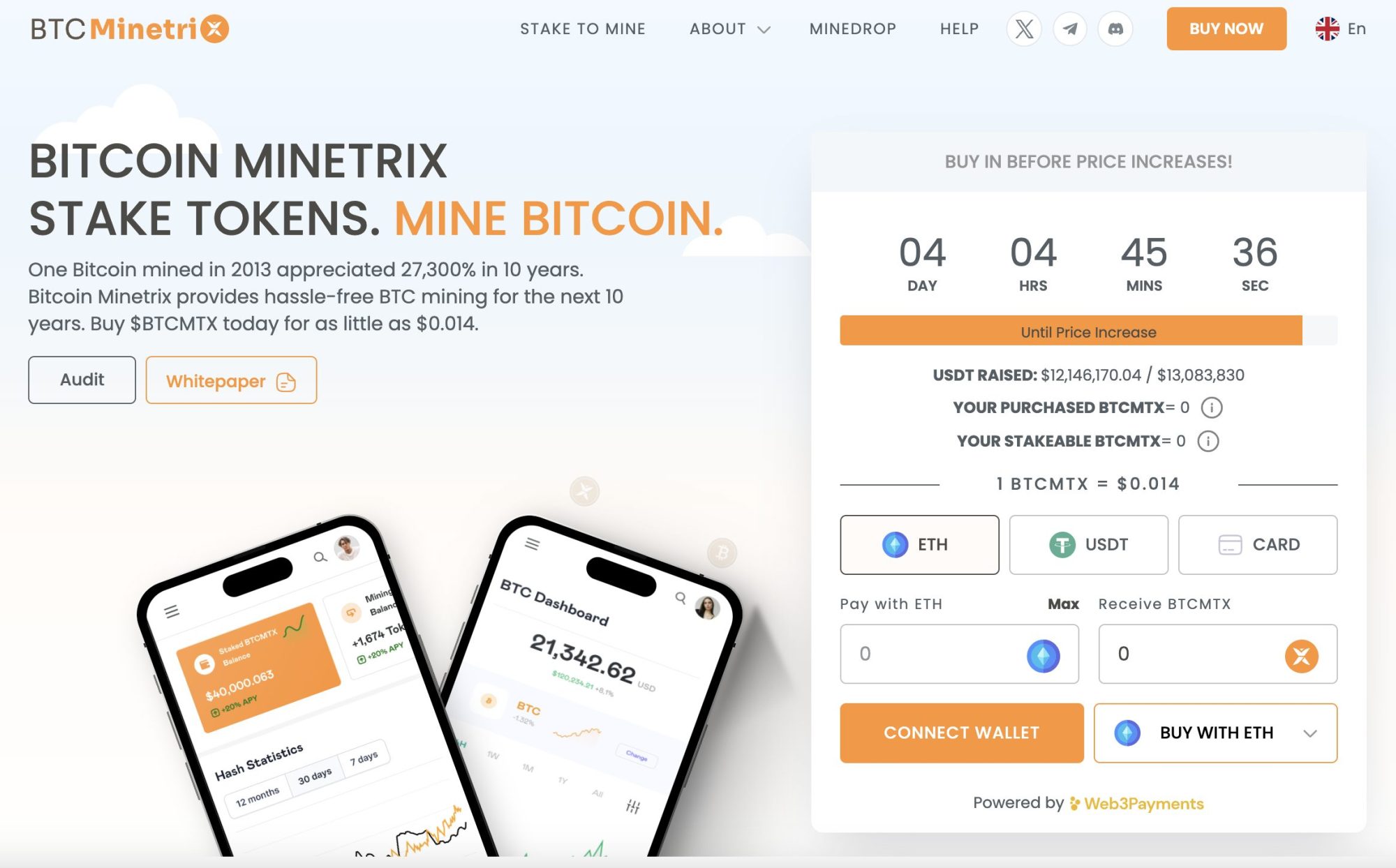 A screenshot of the presale page on the bitcoin minetrix website