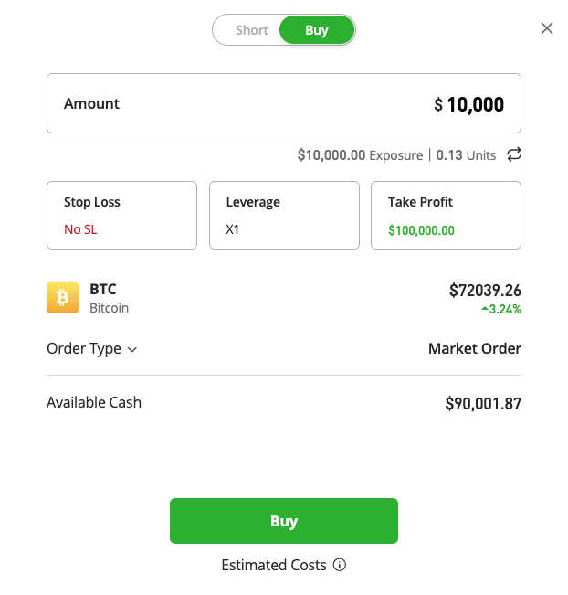 A screenshot showing the buy screen with fields for the amount of Bitcoin to buy, stop loss settings, leverage and take profit.