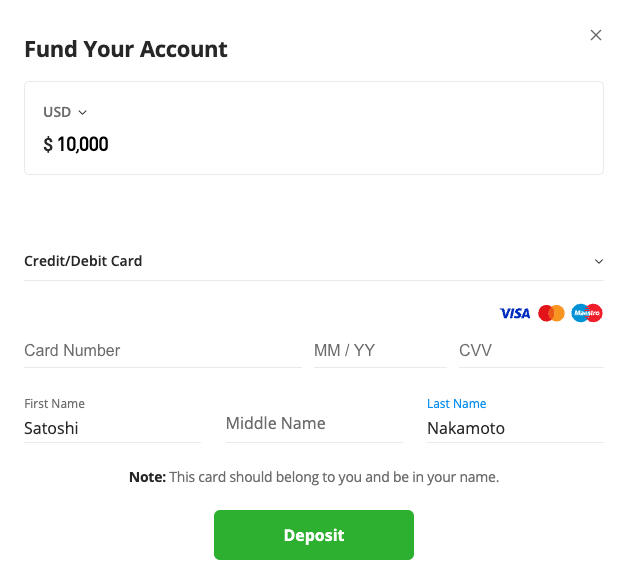 A screenshot showing the eToro deposit screen with fields for your name and card details.