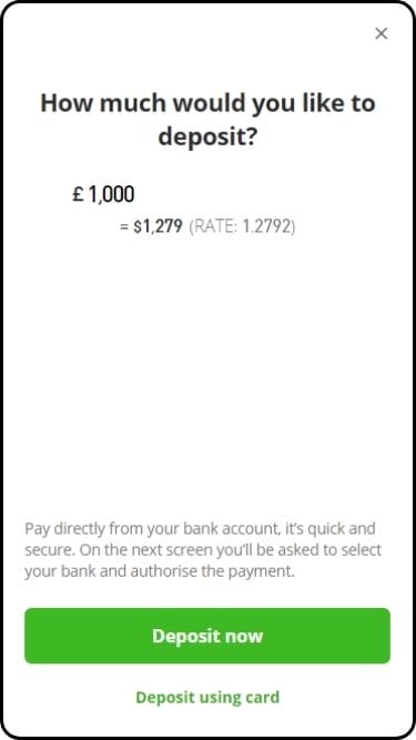 A screenshot of the 'fund account' screen on eToro