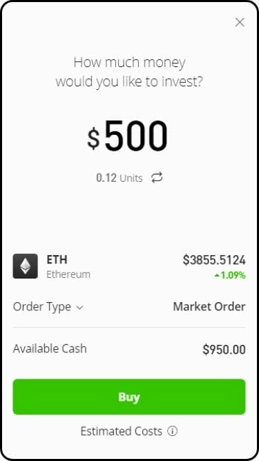 A screenshot of an Ethereum buy order taken from eToro
