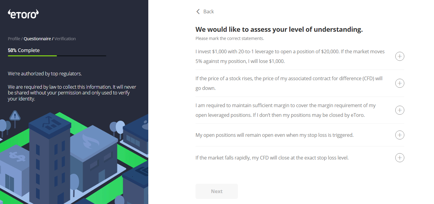 A screenshot of the financial knowledge questionnaire during the eToro sign-up process 
