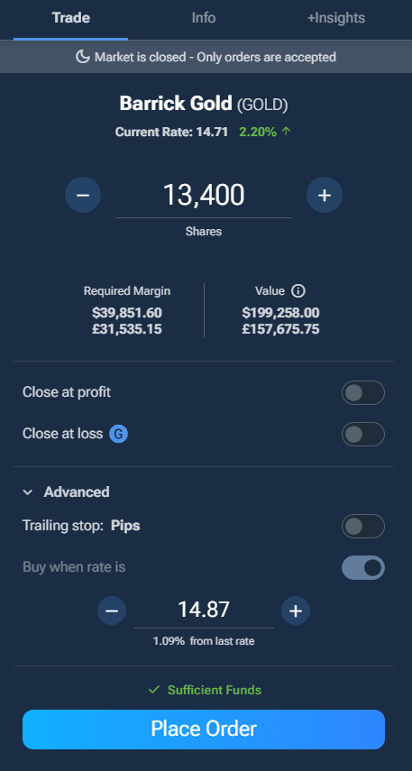 A screenshot of a buy order confirmation screen on Plus500