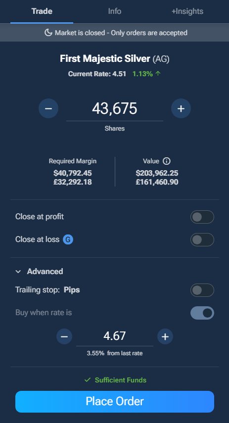 A screenshot of the buy order screen on Plus500