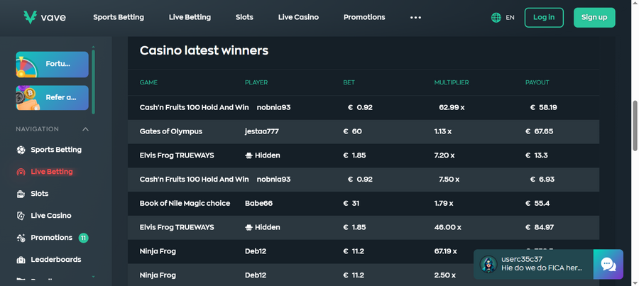 Vave’s win board showing the latest winners.
