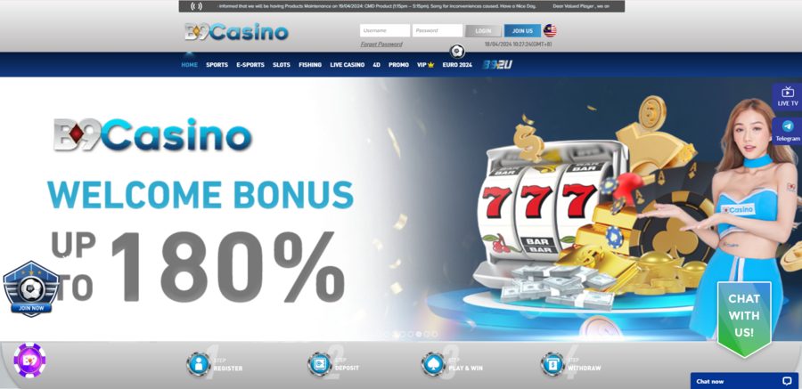 B9Casino’s homepage displaying the main welcome bonus