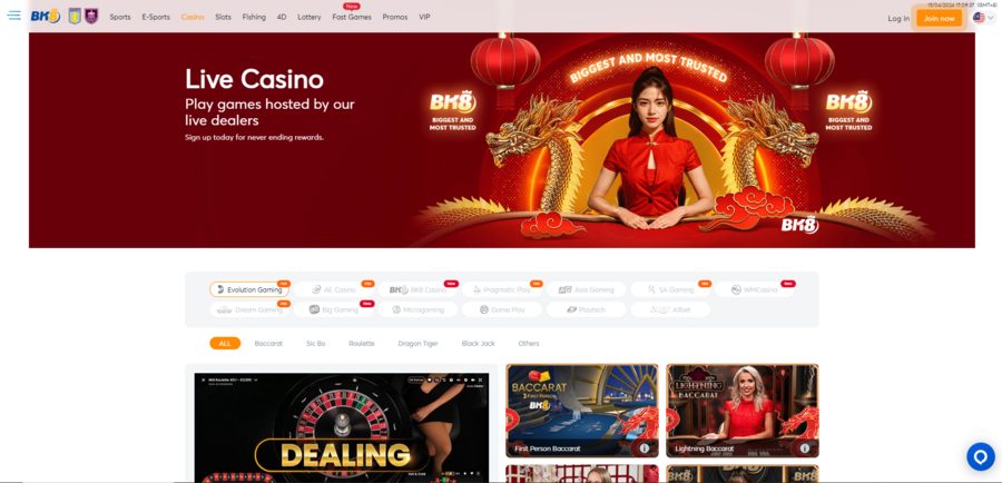 BK8 Casino section with live dealer games. Slots are in a separate section