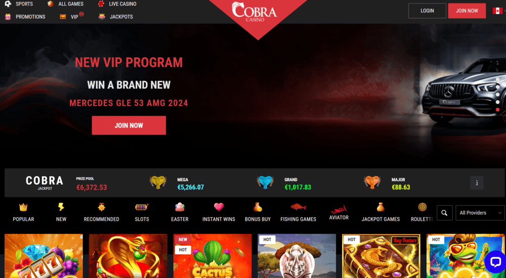 Cobra Casino online gambling in Canada lobby
