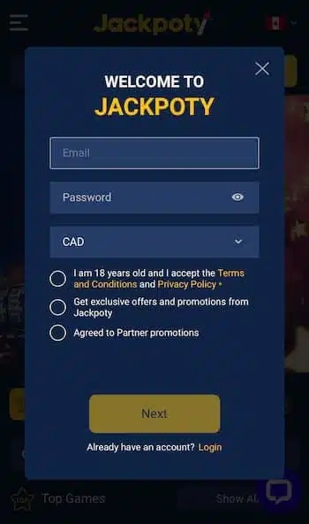 Jackpoty Sign Up Page