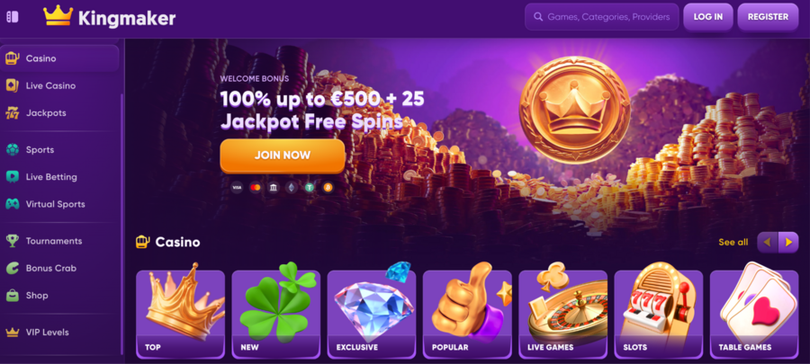 Grab Kingmaker’s great 100% welcome bonus of up to $500 and 25 jackpot free spins, which could make you a millionaire