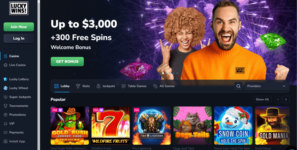 LuckyWins Canada casino with $3,000 welcome bonus