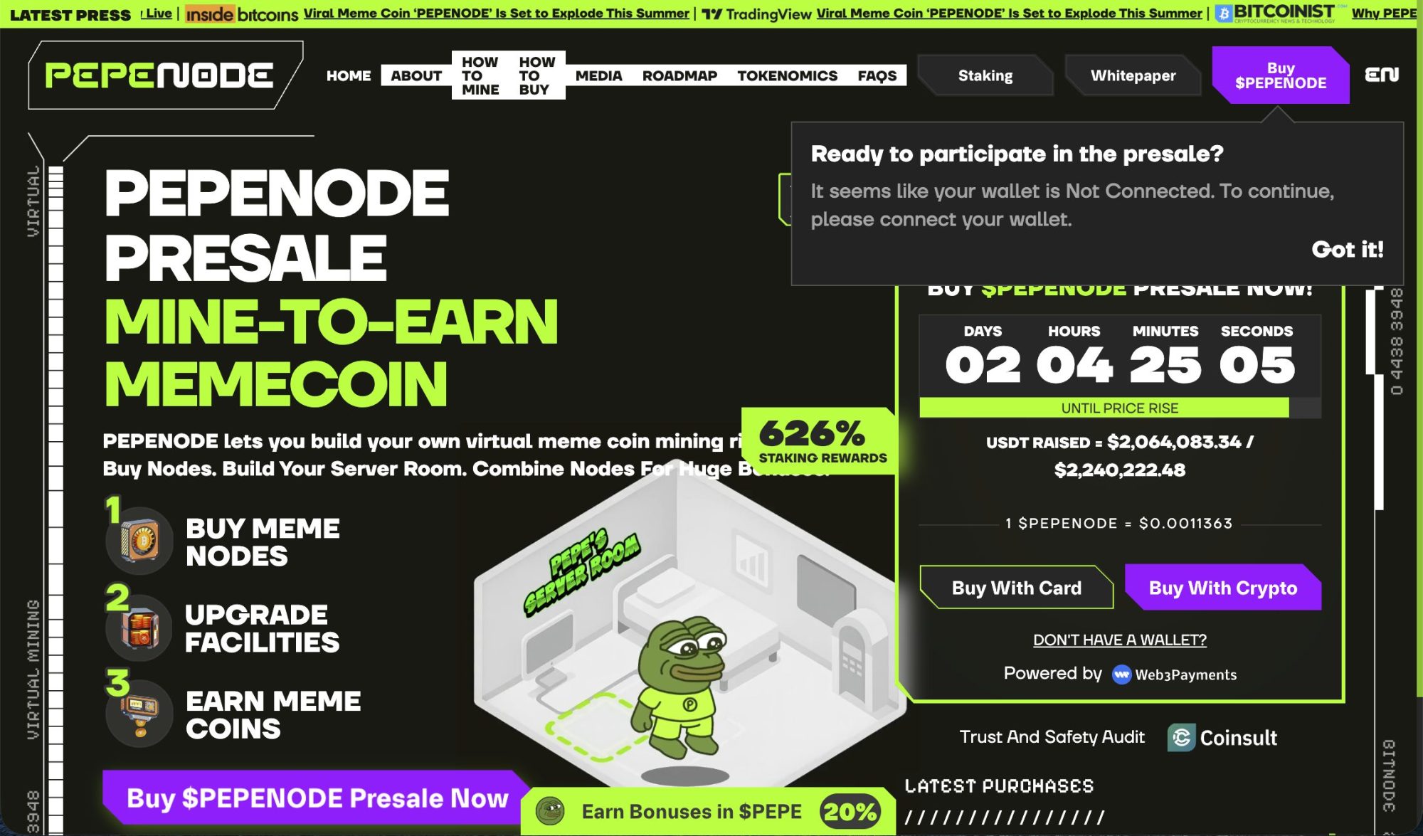 A screenshot taken from the Pepe Node presale page