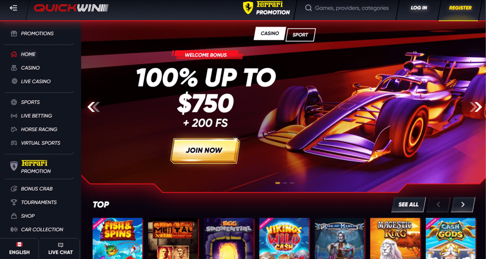 Quickwin casino and sportsbook offering chance to win a Ferrari