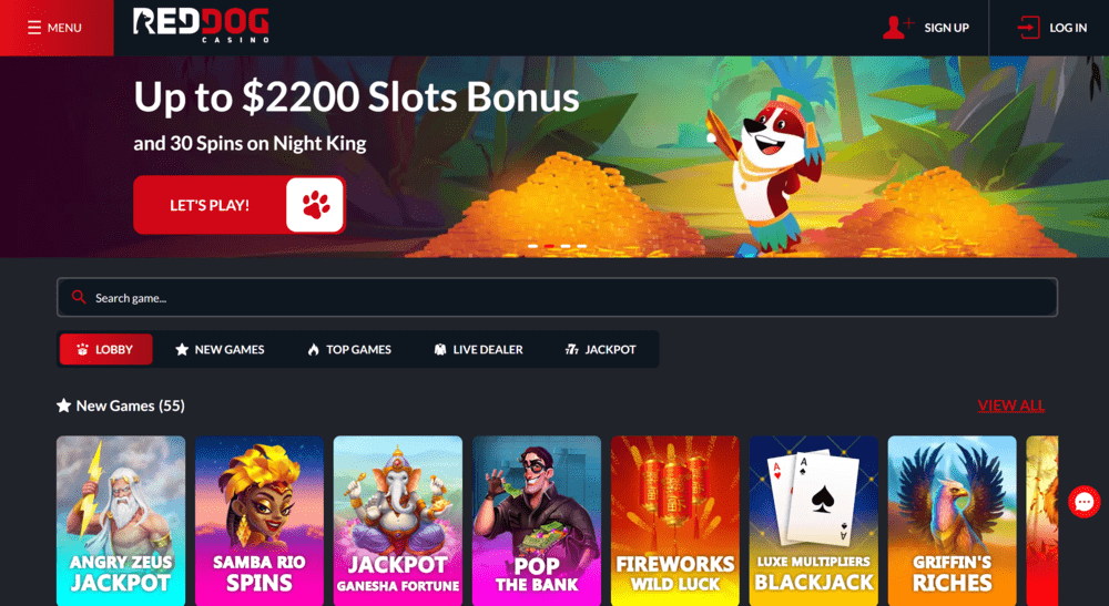 Red Dog real money casino app lobby