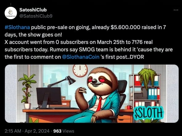 SatoshiClub's tweet about Slothana pre-sale