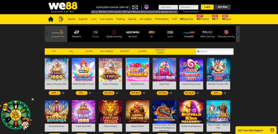 We88 slots section with the top games at the top