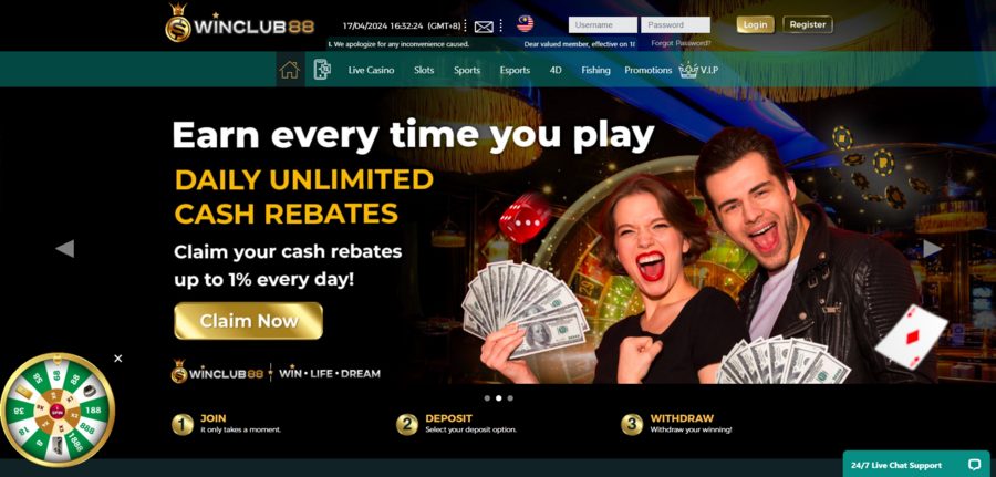 Winclub88’s homepage displaying the main promotions the brand offers