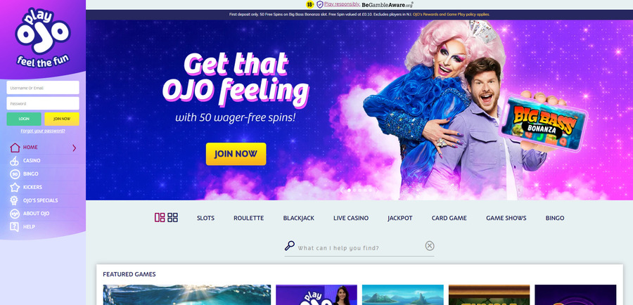 PlayOJO’s colourful and sleek homepage.