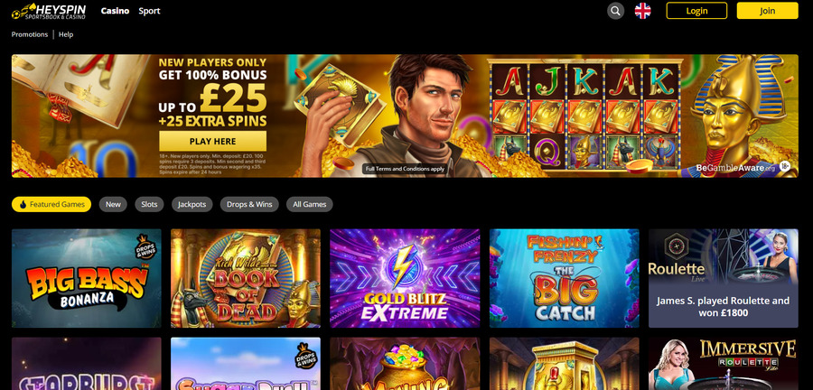 HeySpin’s casino section also acts as the website's homepage. 