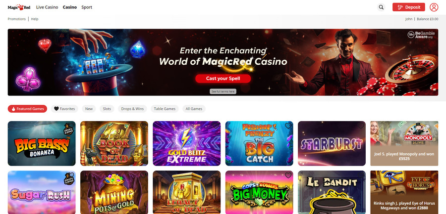 MagicRed’s homepage for the Casino section has Live Casino games in a separate area. 