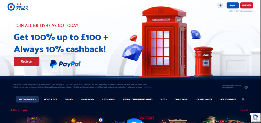All British Casino’s homepage highlights the welcome offer and cashback bonus.