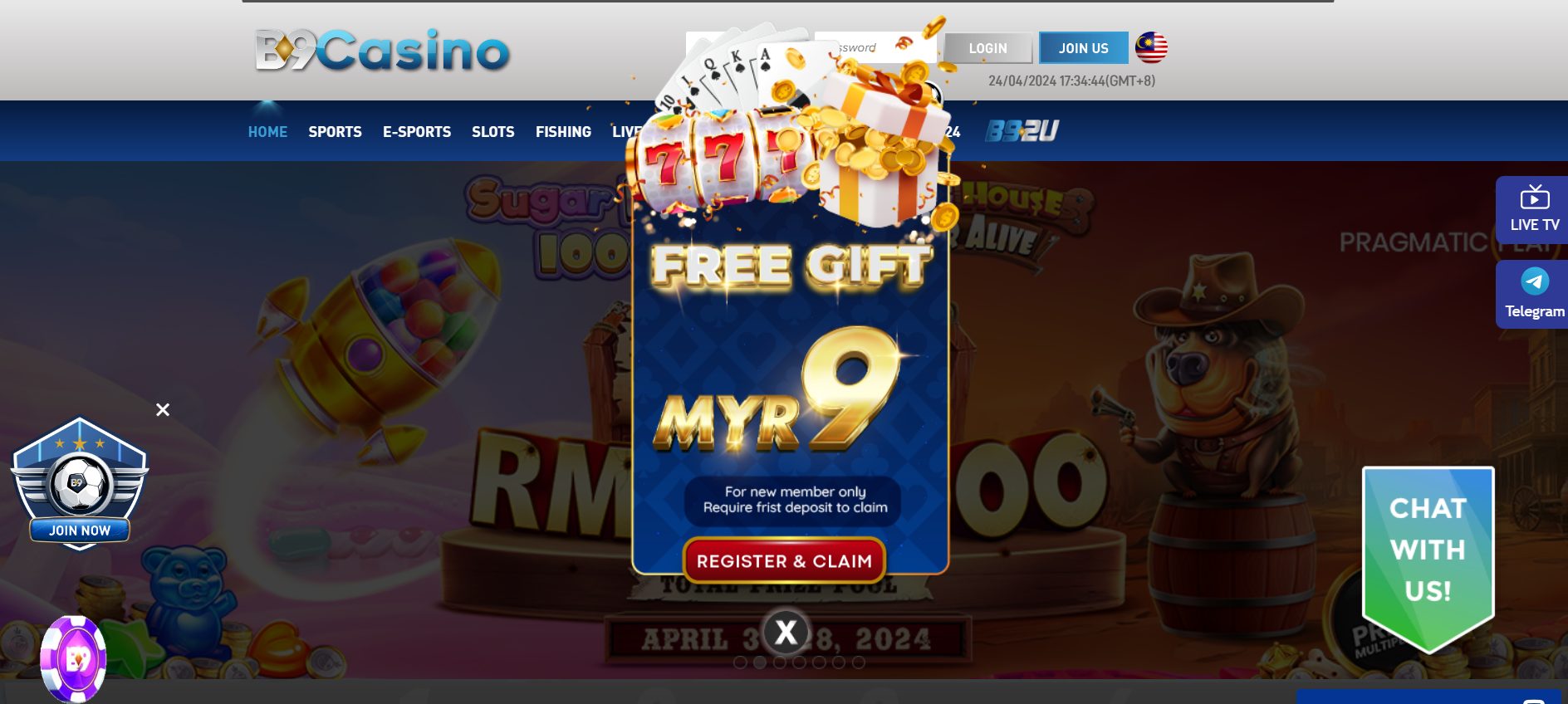 Besides the live casino welcome offer, new B9Casino players are entitled to a no-deposit MYR9 offer right after registration.