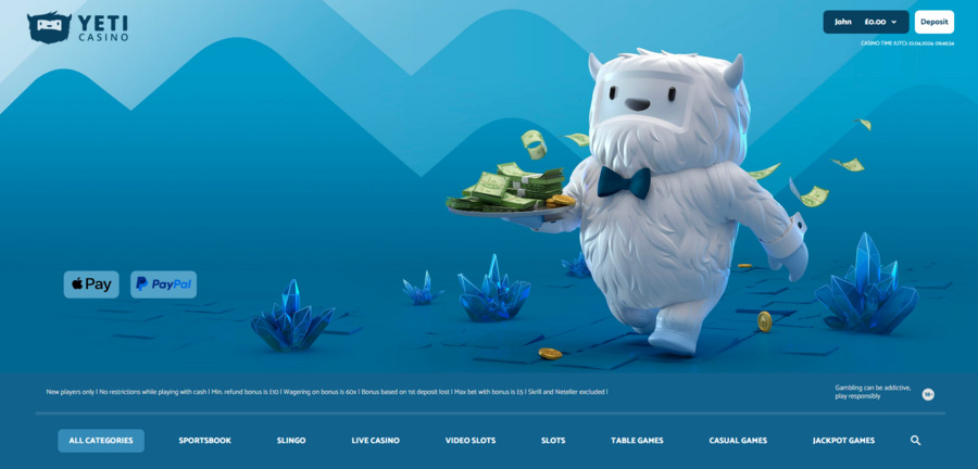 The homepage of Yeti Casino shows its virtual mascot in all of its glory. 