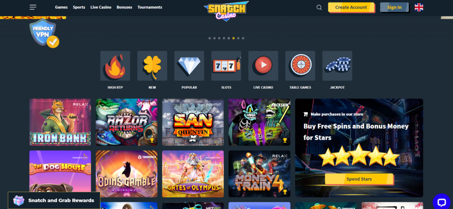 Snatch Casino keeps its game collection fresh by regularly adding more titles, featured under New Games on the homepage.