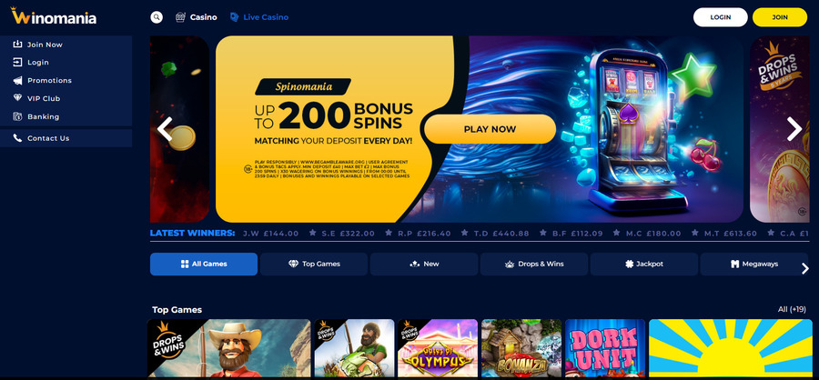 Winomania’s homepage also acts as the main casino game library.