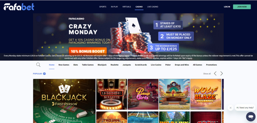 Fafabet’s casino section displays the main promotions and the most popular games. 