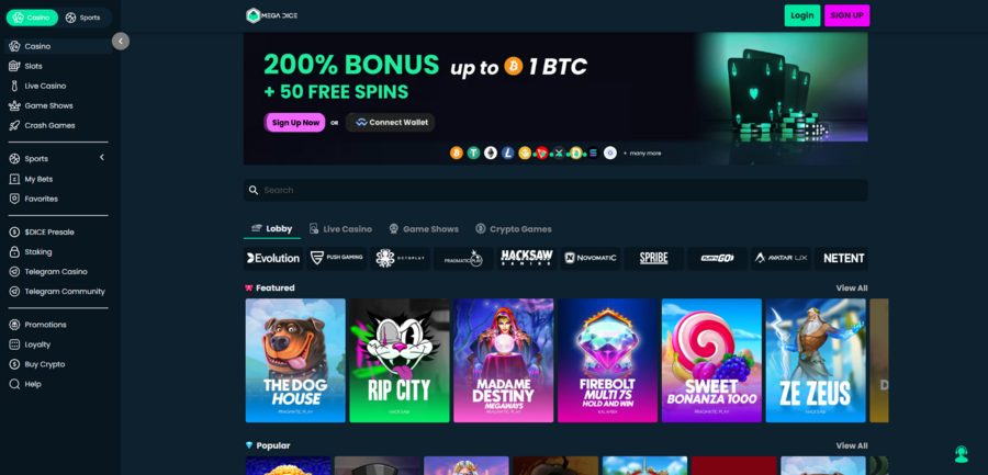 Mega Dice casino game library, showing the providers and featured games at the top