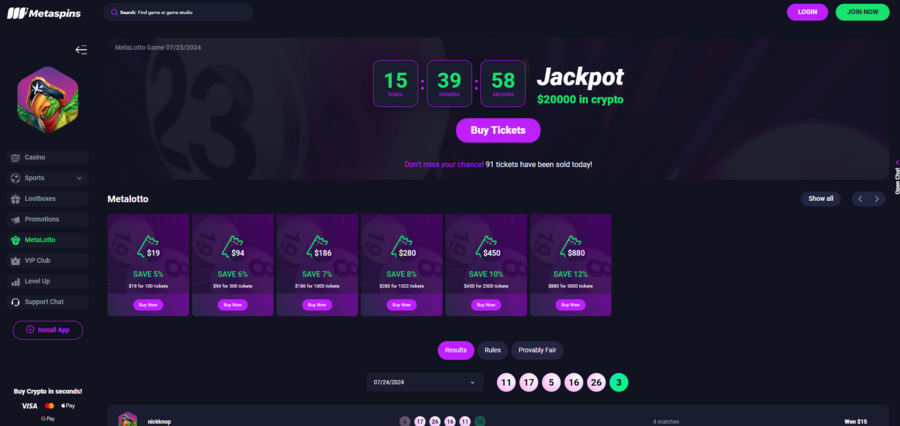 The Metaspins MetaLotto system and discounted ticket bundles